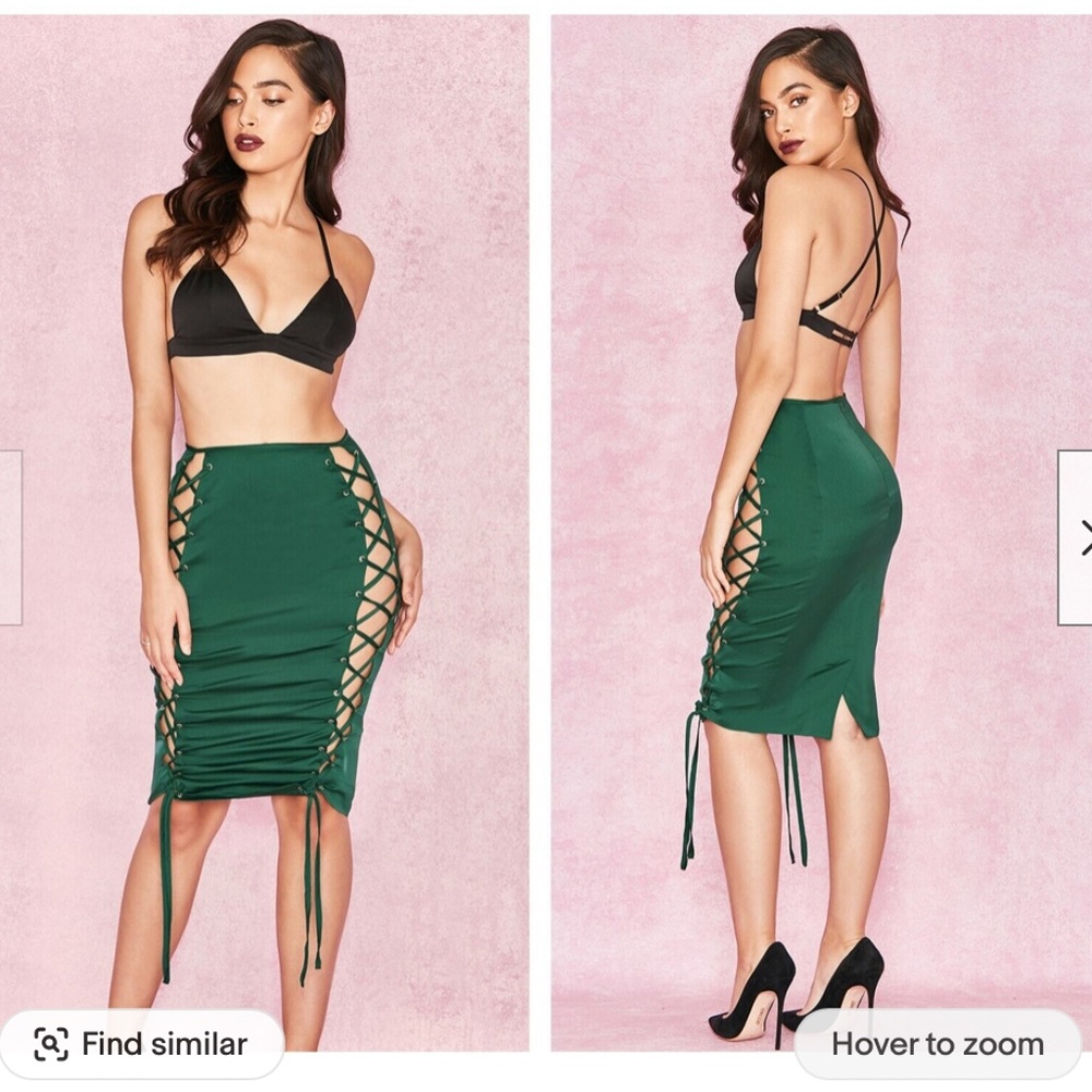 House of CB Green Lace-Up Midi Skirt